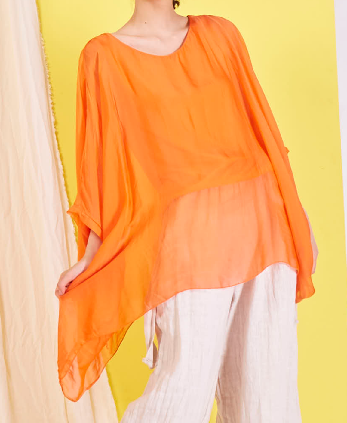 BZNA Seidenbluse Orange Tunika Seidentunika Seidenchiffonbluse Fledermaus Ärmel oneSize - B Z N A
