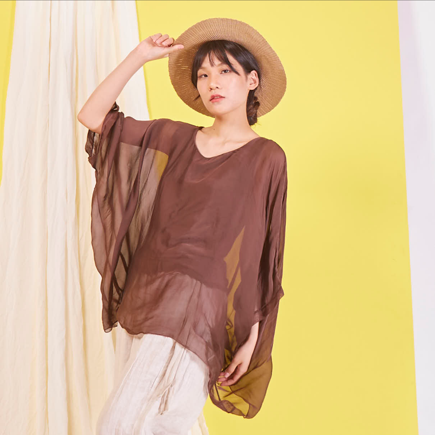 BZNA Seidenbluse Coffee Tunika Seidentunika Seidenchiffonbluse Fledermaus Ärmel oneSize