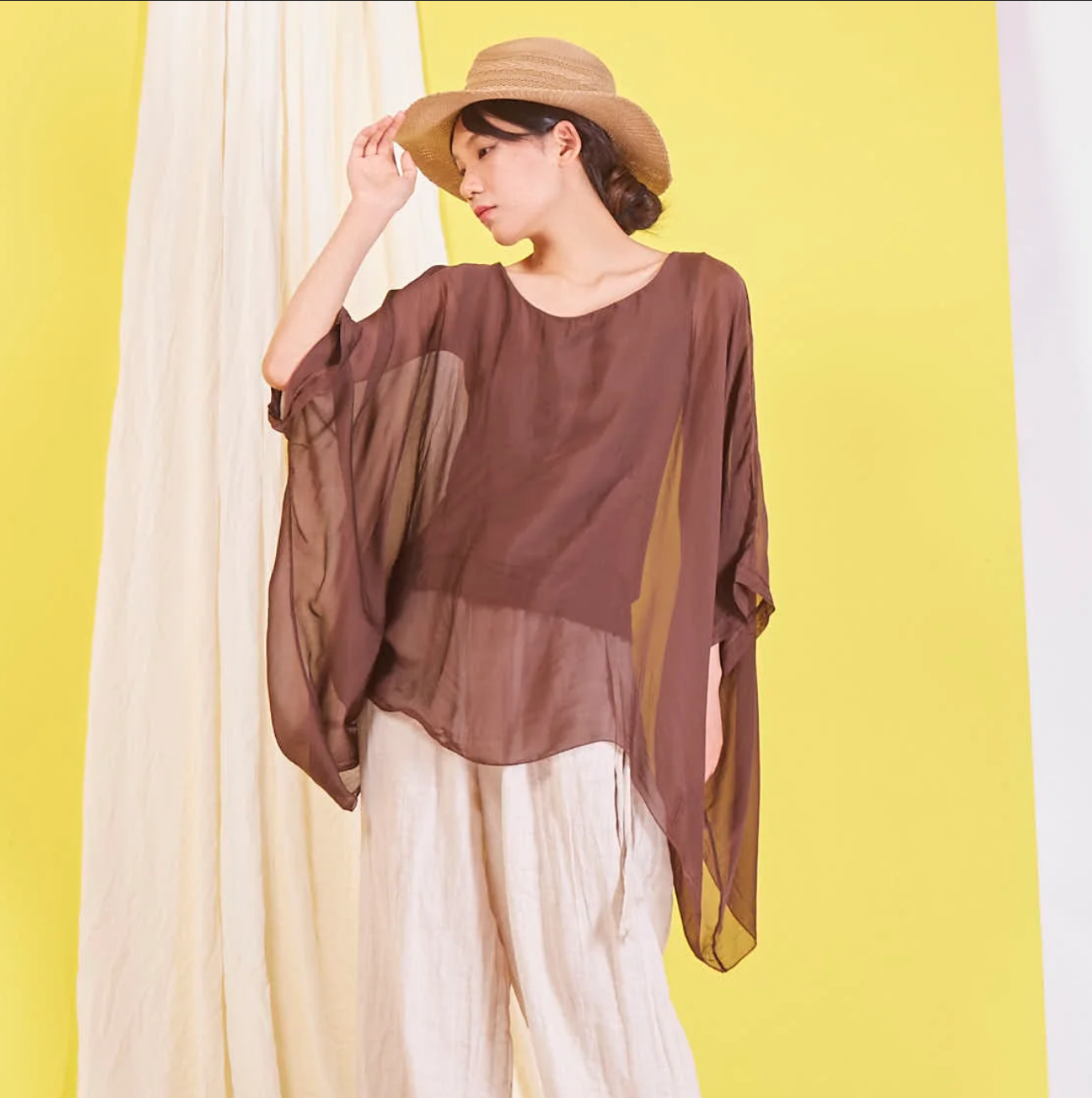 BZNA Seidenbluse Coffee Tunika Seidentunika Seidenchiffonbluse Fledermaus Ärmel oneSize - B Z N A