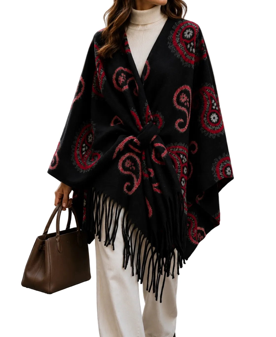 BZNA Strickponcho in Schwarz - Wolltuch mit Fransen - Poncho MADE IN ITALY - B Z N A