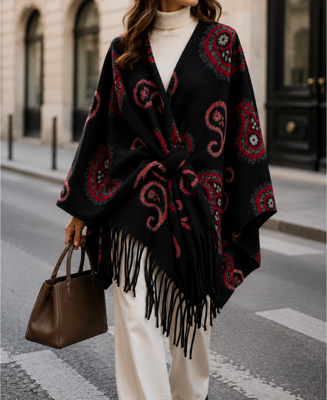 BZNA Strickponcho in Schwarz - Wolltuch mit Fransen - Poncho MADE IN ITALY - B Z N A