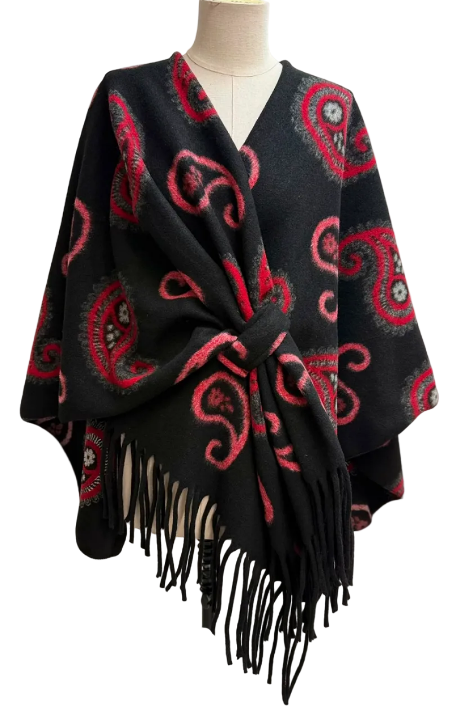 BZNA Strickponcho in Schwarz - Wolltuch mit Fransen - Poncho MADE IN ITALY - B Z N A