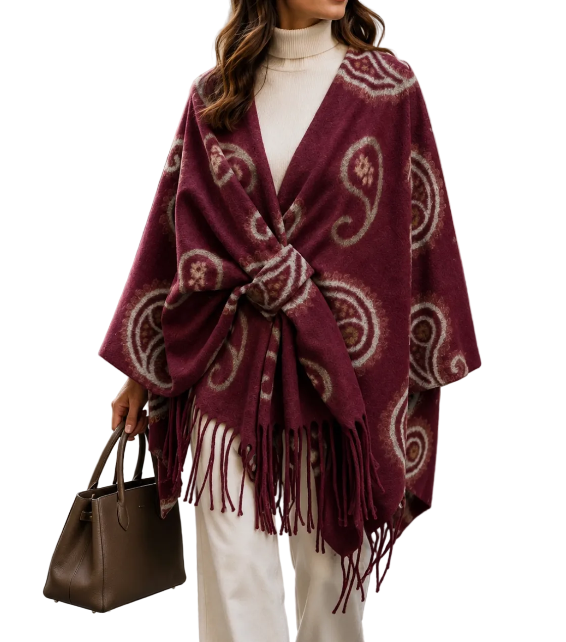BZNA Strickponcho in Bordeaux - Wolltuch mit Fransen - Poncho MADE IN ITALY