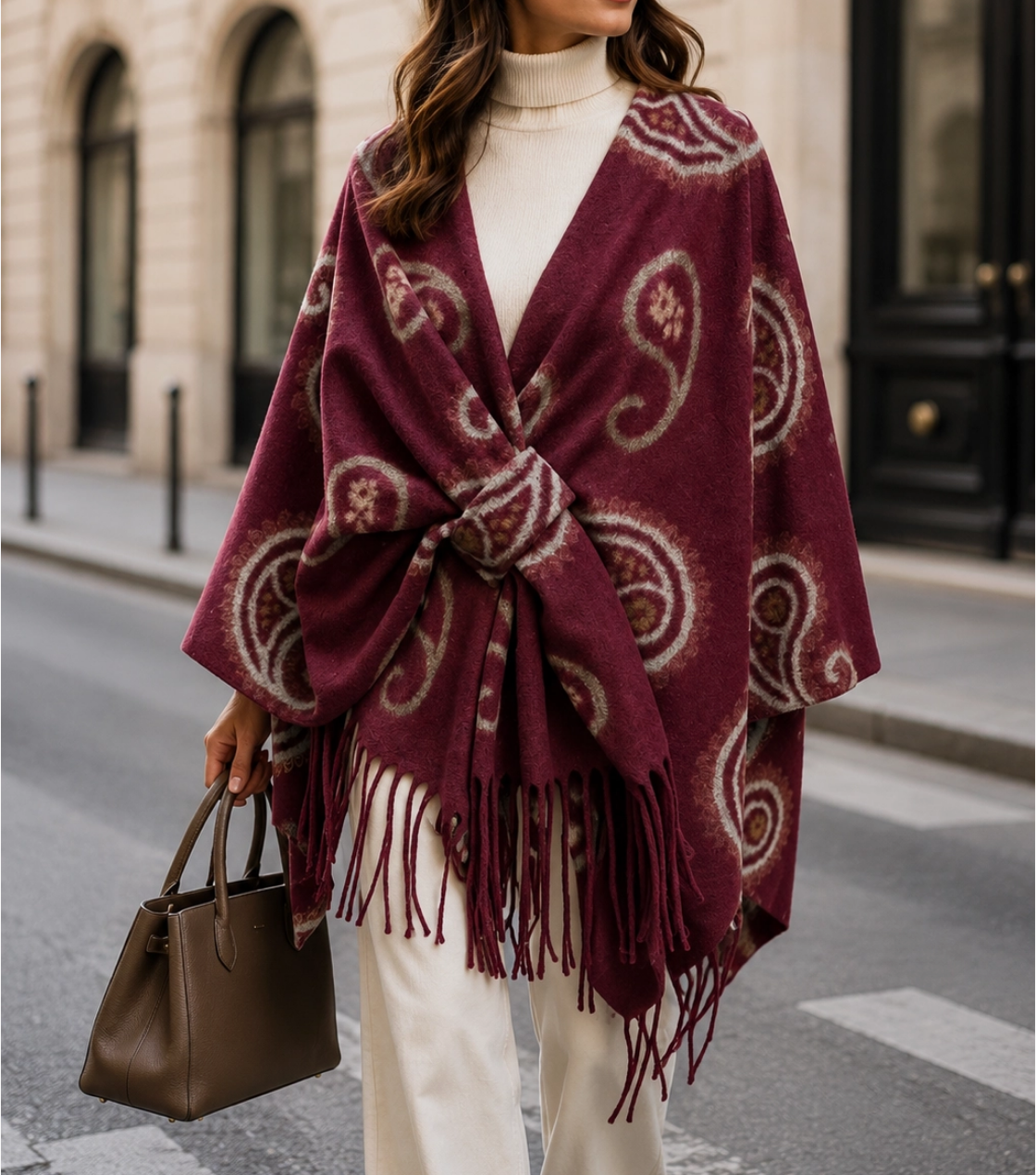 BZNA Strickponcho in Bordeaux - Wolltuch mit Fransen - Poncho MADE IN ITALY