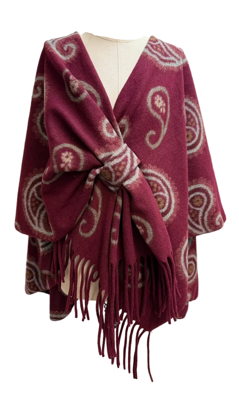 BZNA Strickponcho in Bordeaux - Wolltuch mit Fransen - Poncho MADE IN ITALY