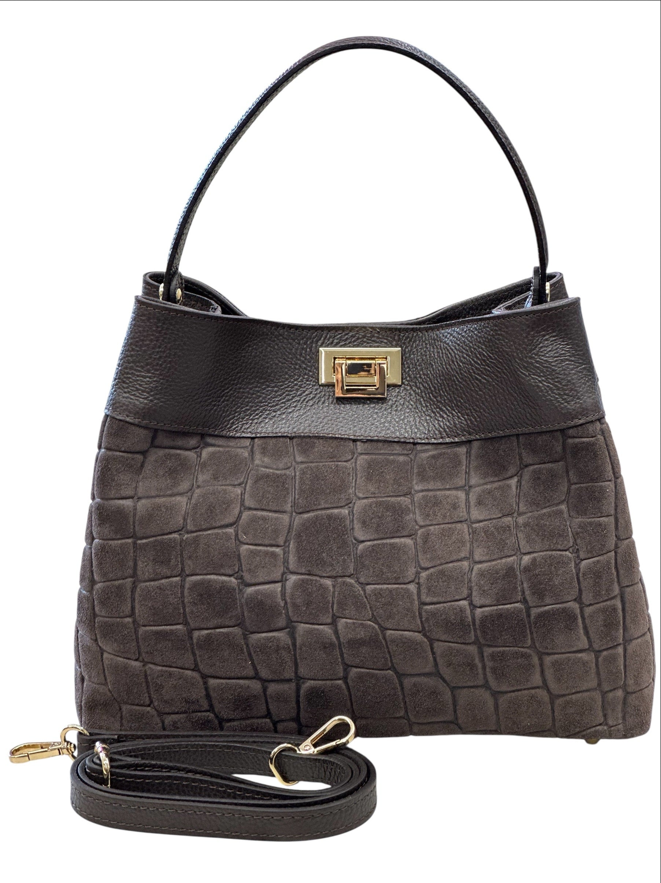 BZNA Bag B0375 Kroko Braun Wildleder Italy Damen Shopper Schultertasche Tasche - B Z N A