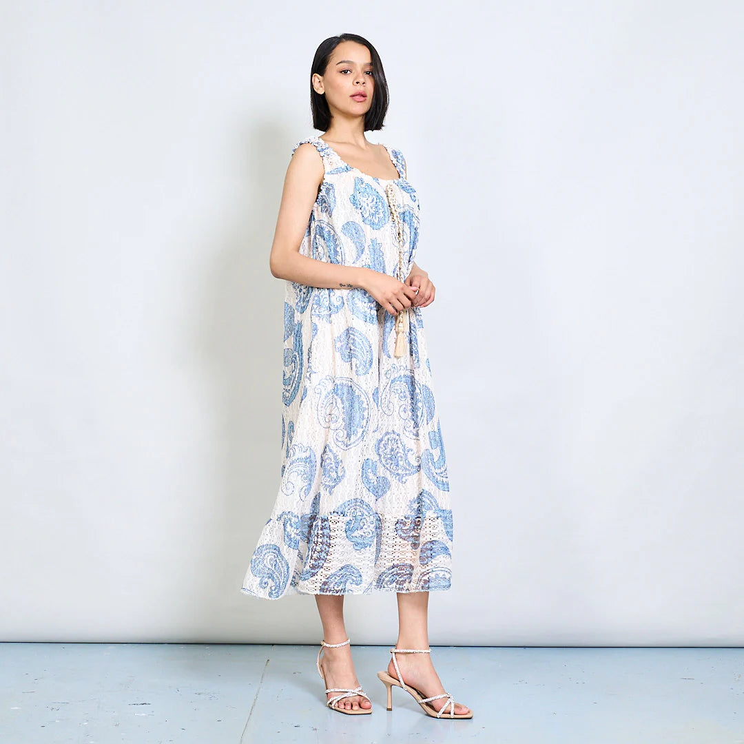 BZNA Sommer Weiß Paisley Textured Smocked Gurt Long Kleid mit geflochtenem Quasten oneSize - B Z N A