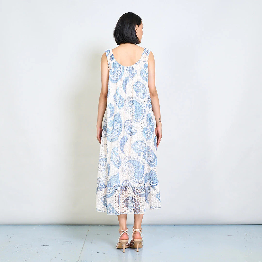 BZNA Sommer Weiß Paisley Textured Smocked Gurt Long Kleid mit geflochtenem Quasten oneSize - B Z N A