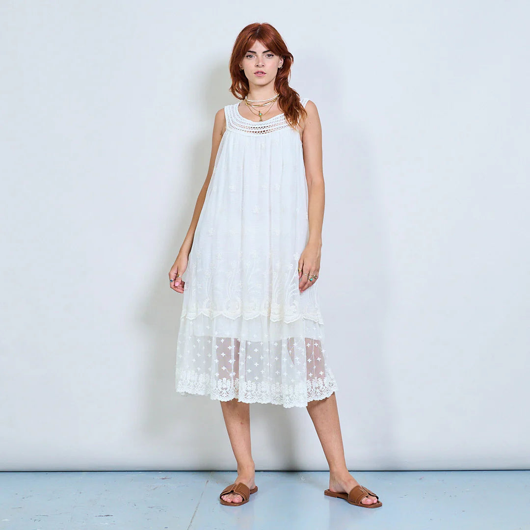 BZNA Sommer Weiß Ärmelloses gesticktes Midi Kleid mit Häkelausschnitt oneSize - B Z N A