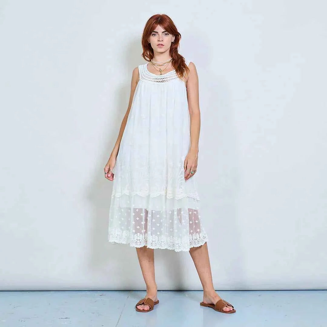 BZNA Sommer Weiß Ärmelloses gesticktes Midi Kleid mit Häkelausschnitt oneSize