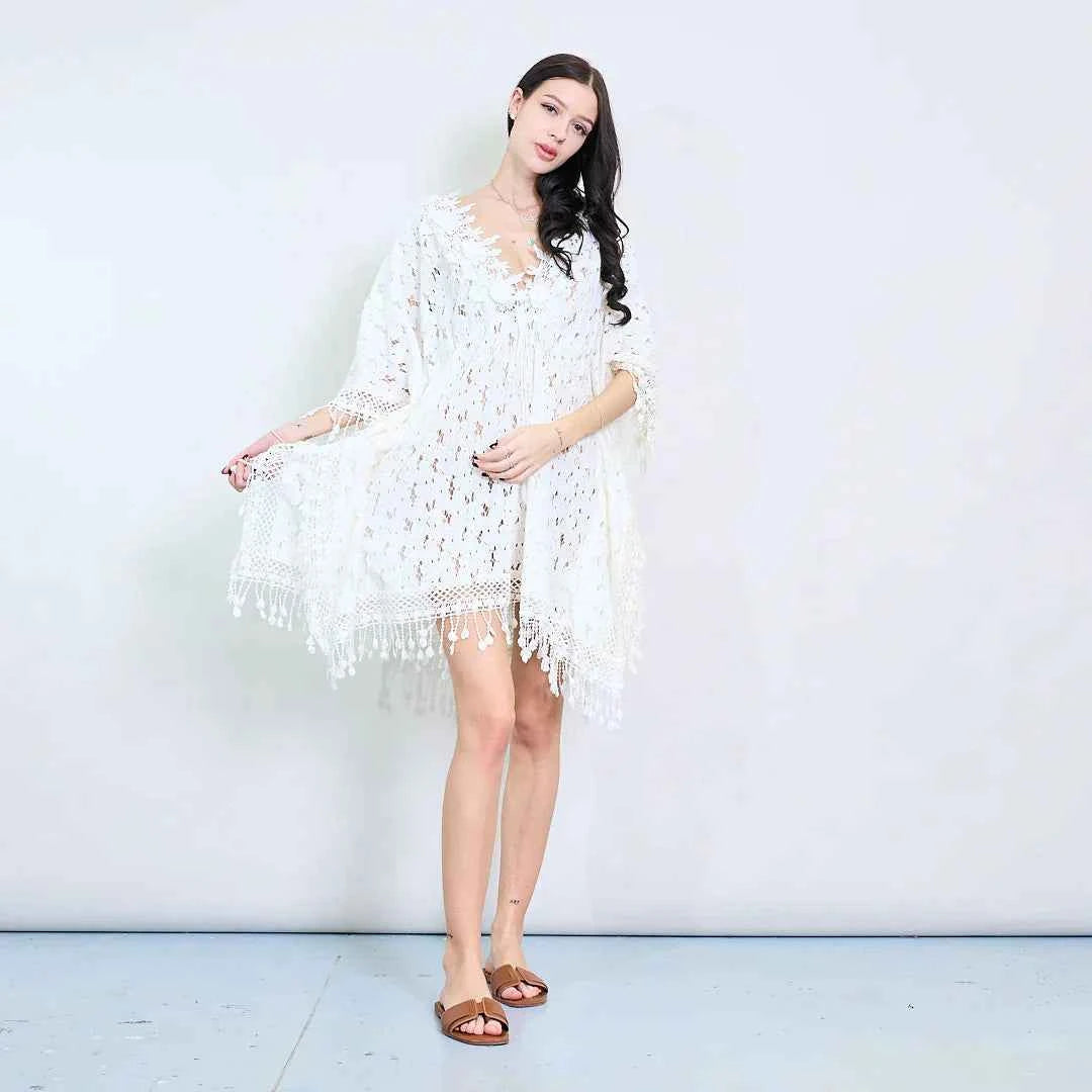 BZNA Sommer Strandkleid Weiß Kleid Blumenspitze Kaftan mit Häkelschaum oneSize