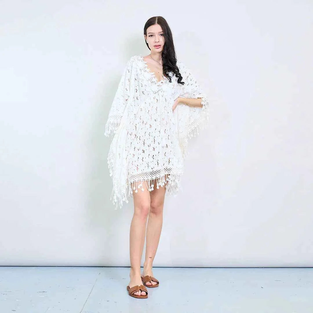 BZNA Sommer Strandkleid Weiß Kleid Blumenspitze Kaftan mit Häkelschaum oneSize