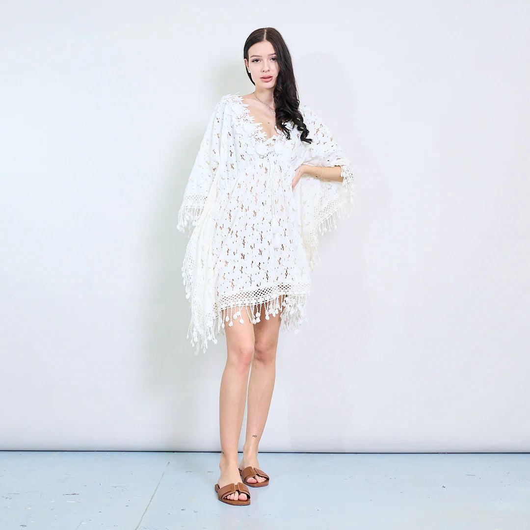 BZNA Sommer Strandkleid Weiß Kleid Blumenspitze Kaftan mit Häkelschaum oneSize - B Z N A