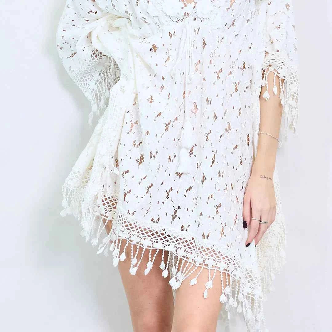 BZNA Sommer Strandkleid Weiß Kleid Blumenspitze Kaftan mit Häkelschaum oneSize