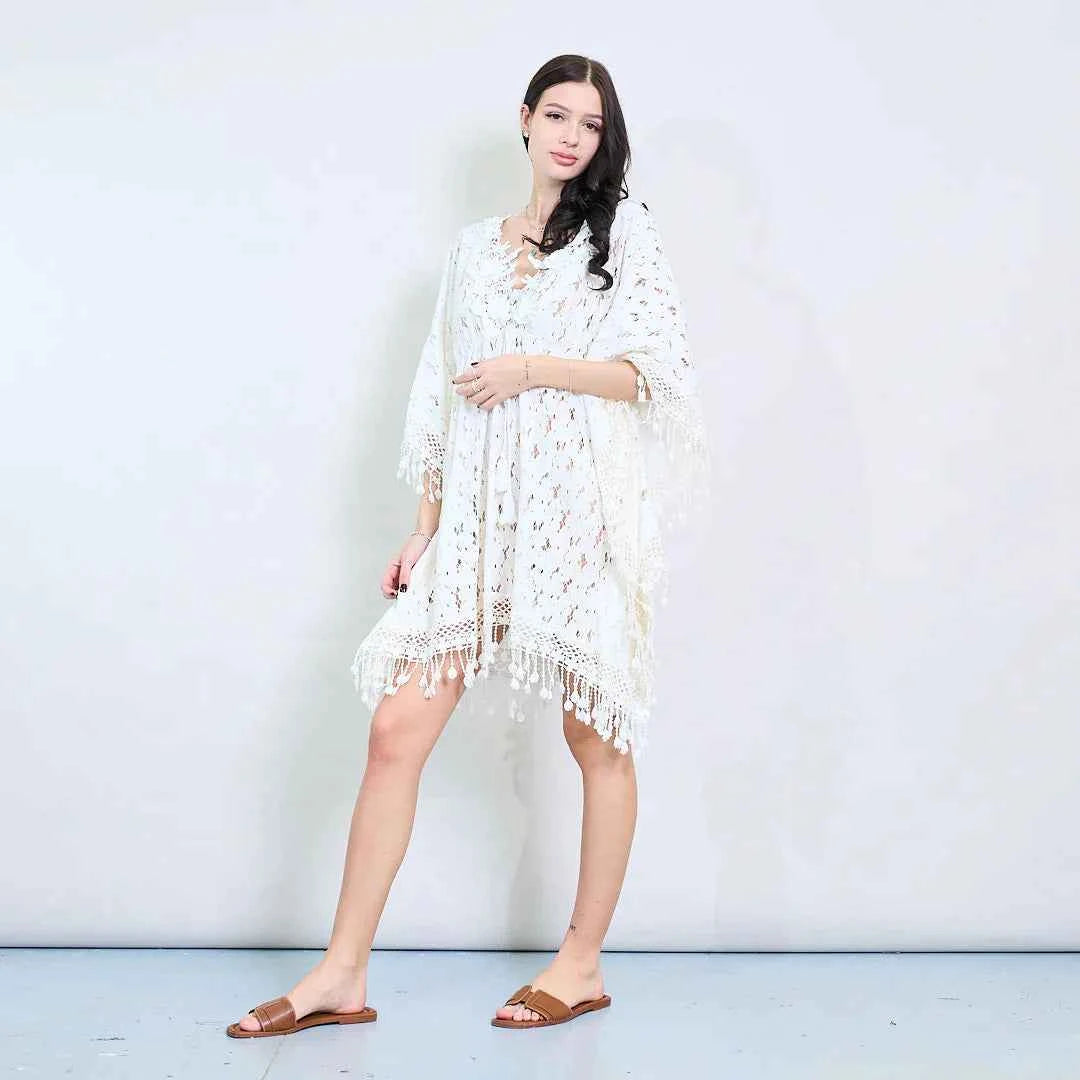 BZNA Sommer Strandkleid Weiß Kleid Blumenspitze Kaftan mit Häkelschaum oneSize