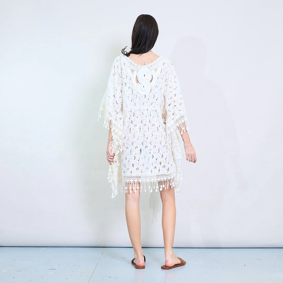 BZNA Sommer Strandkleid Weiß Kleid Blumenspitze Kaftan mit Häkelschaum oneSize - B Z N A