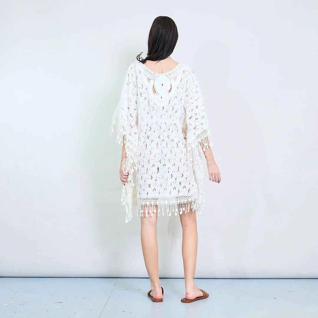 BZNA Sommer Strandkleid Weiß Kleid Blumenspitze Kaftan mit Häkelschaum oneSize
