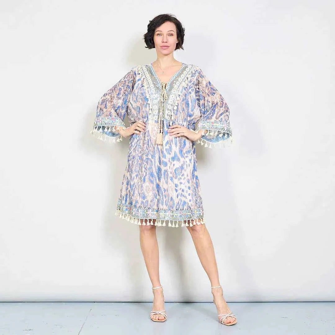 BZNA Sommer Blau Animaldruck Boho Kleid mit Quastendetails oneSize