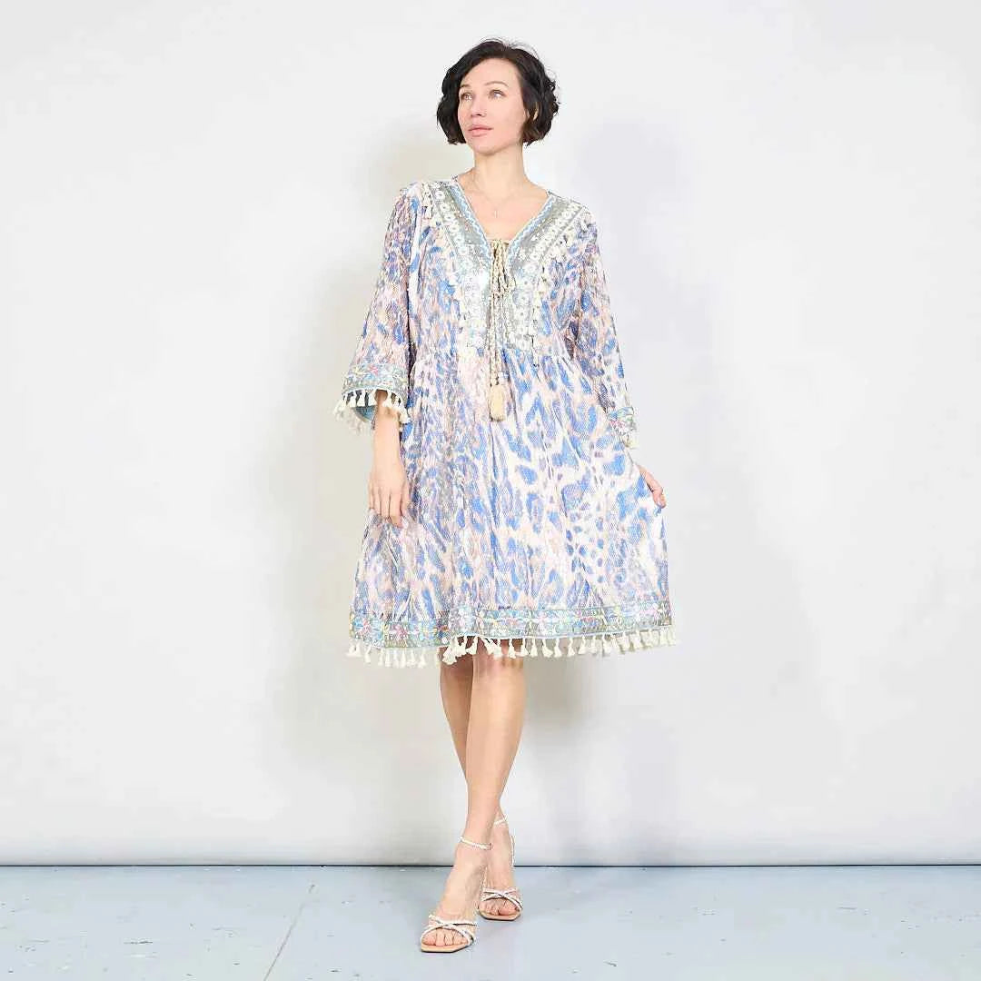 BZNA Sommer Blau Animaldruck Boho Kleid mit Quastendetails oneSize