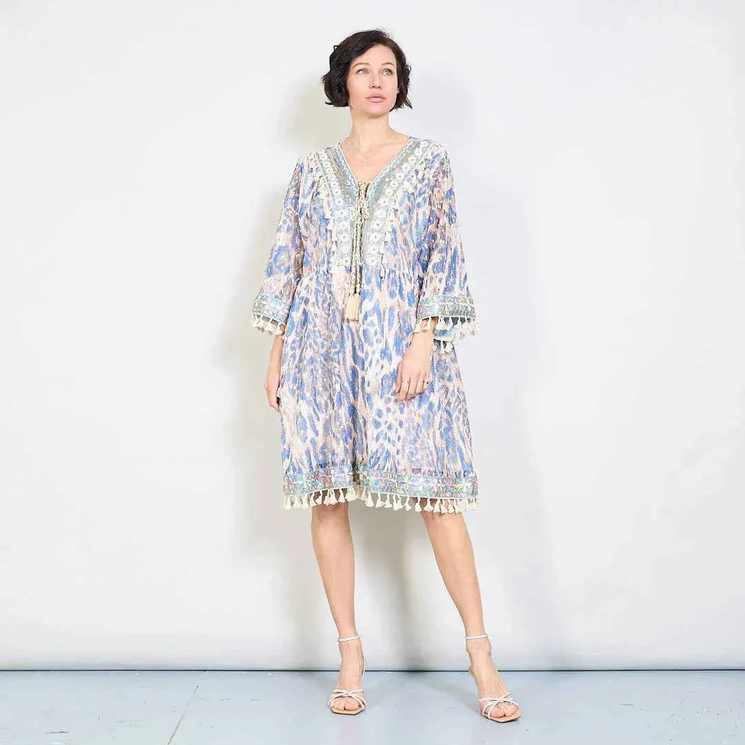 BZNA Sommer Blau Animaldruck Boho Kleid mit Quastendetails oneSize