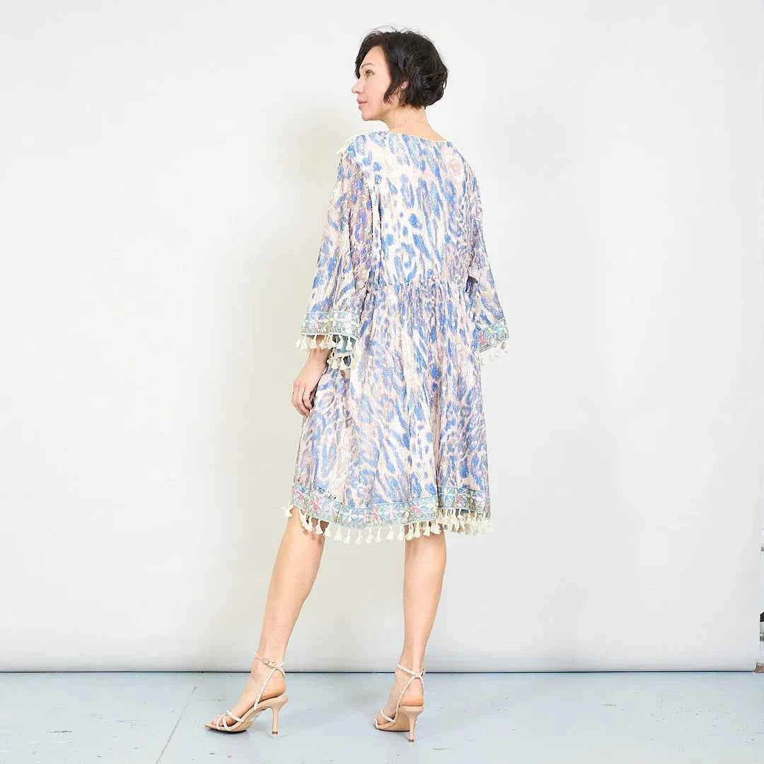 BZNA Sommer Blau Animaldruck Boho Kleid mit Quastendetails oneSize