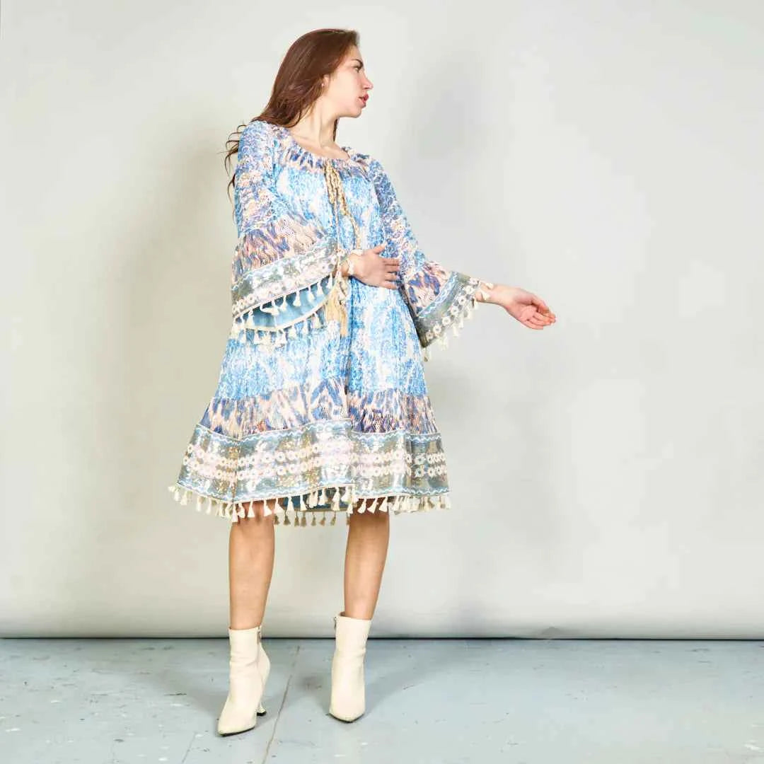 BZNA Sommer Off-Shoulder Boho Spitzenkleid mit Quasten   oneSize