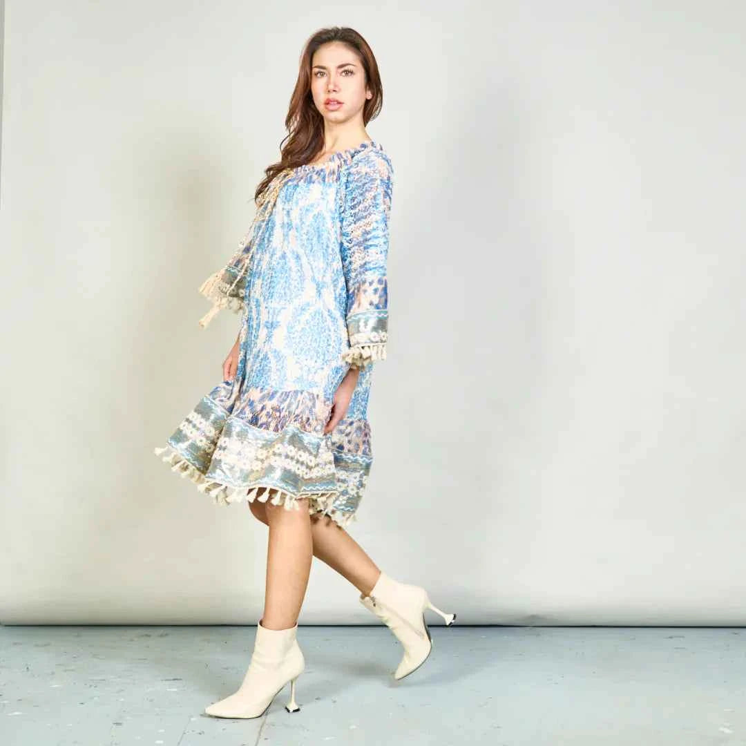 BZNA Sommer Off-Shoulder Boho Spitzenkleid mit Quasten   oneSize