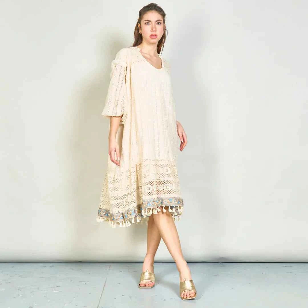 BZNA Sommer Beige Boho Spitzen  Tunika  Kleid mit Quastendetail  oneSize