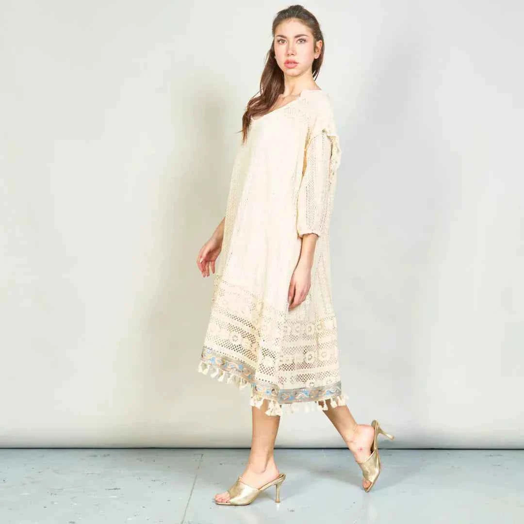 BZNA Sommer Beige Boho Spitzen  Tunika  Kleid mit Quastendetail  oneSize