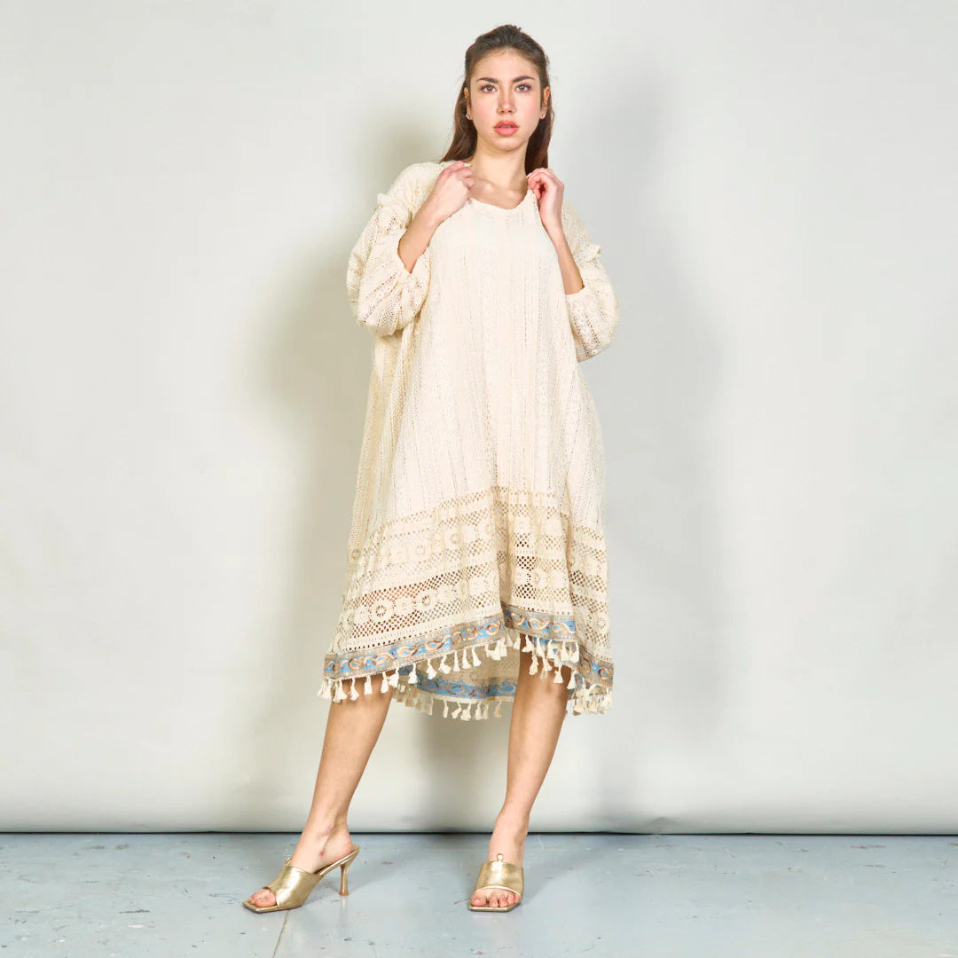 BZNA Sommer Beige Boho Spitzen  Tunika  Kleid mit Quastendetail  oneSize - B Z N A
