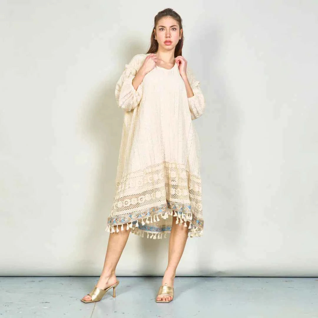 BZNA Sommer Beige Boho Spitzen  Tunika  Kleid mit Quastendetail  oneSize