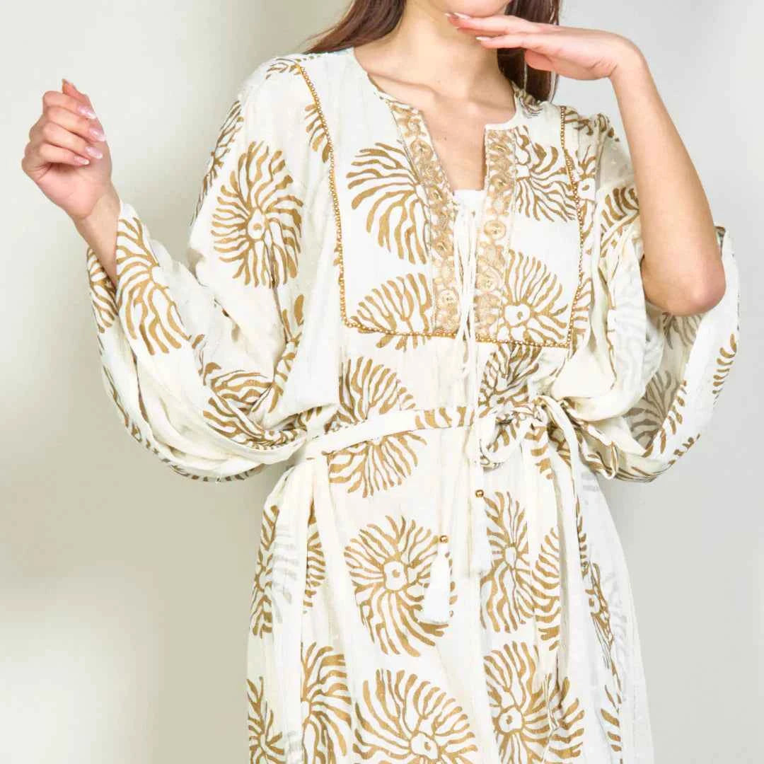 BZNA Sommer Weiß Boho gedruckt übergroßes Maxikleid mit Paillettenakzenten oneSize