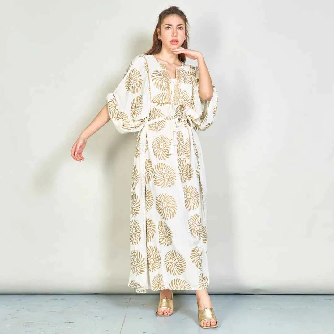 BZNA Sommer Weiß Boho gedruckt übergroßes Maxikleid mit Paillettenakzenten oneSize