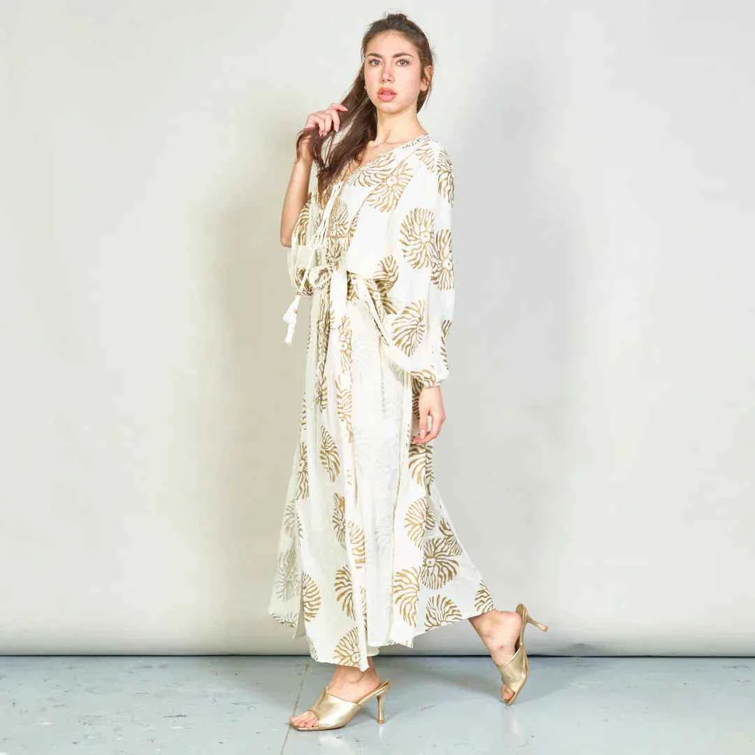 BZNA Sommer Weiß Boho gedruckt übergroßes Maxikleid mit Paillettenakzenten oneSize