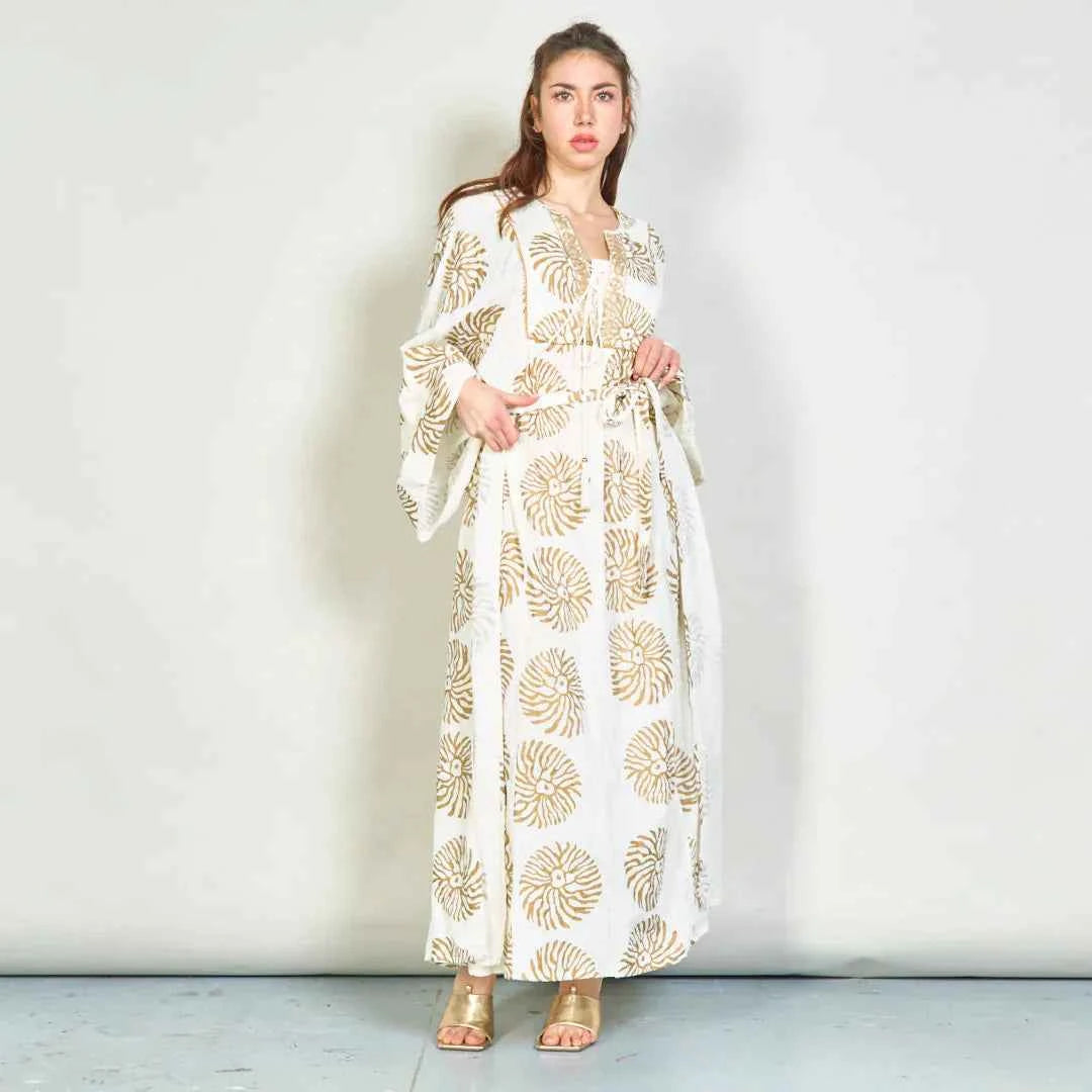 BZNA Sommer Weiß Boho gedruckt übergroßes Maxikleid mit Paillettenakzenten oneSize