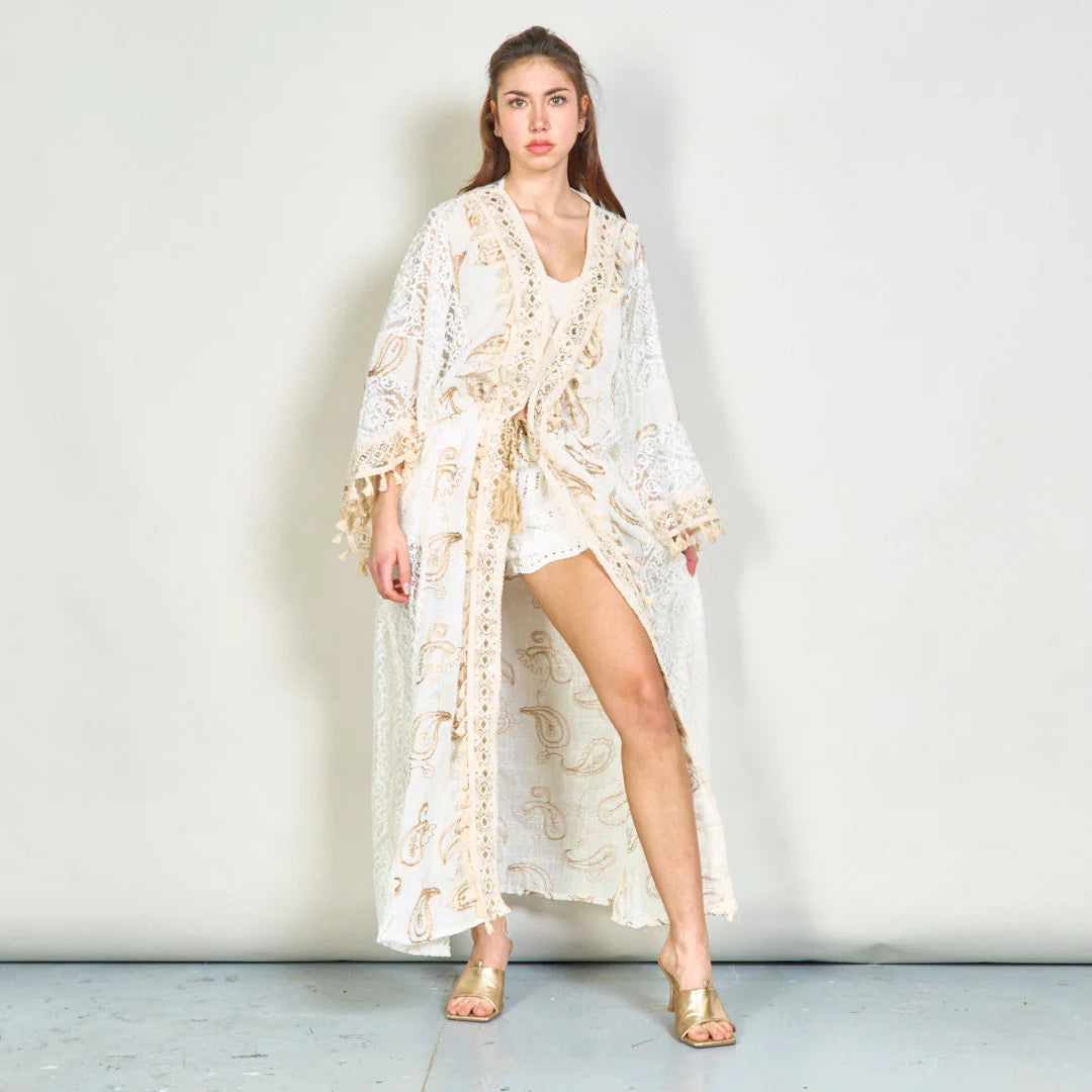 BZNA Sommer Weiß Paisley bestickte übergroße Boho Kimono oneSize - B Z N A