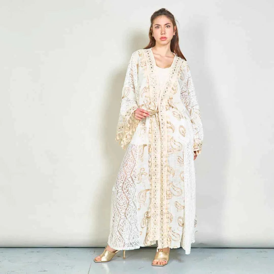 BZNA Sommer Weiß Paisley bestickte übergroße Boho Kimono oneSize
