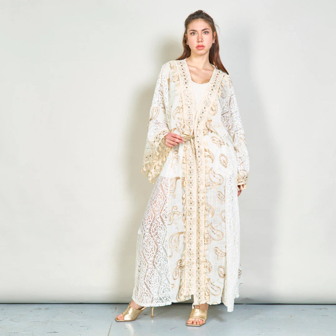 BZNA Sommer Weiß Paisley bestickte übergroße Boho Kimono oneSize - B Z N A