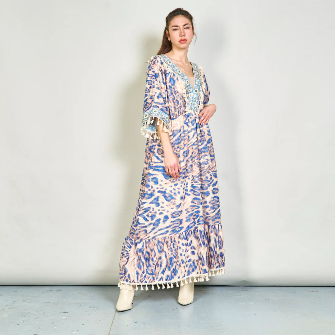 BZNA Sommer Animal Print Boho Maxi Kleid mit Quasten oneSize - B Z N A