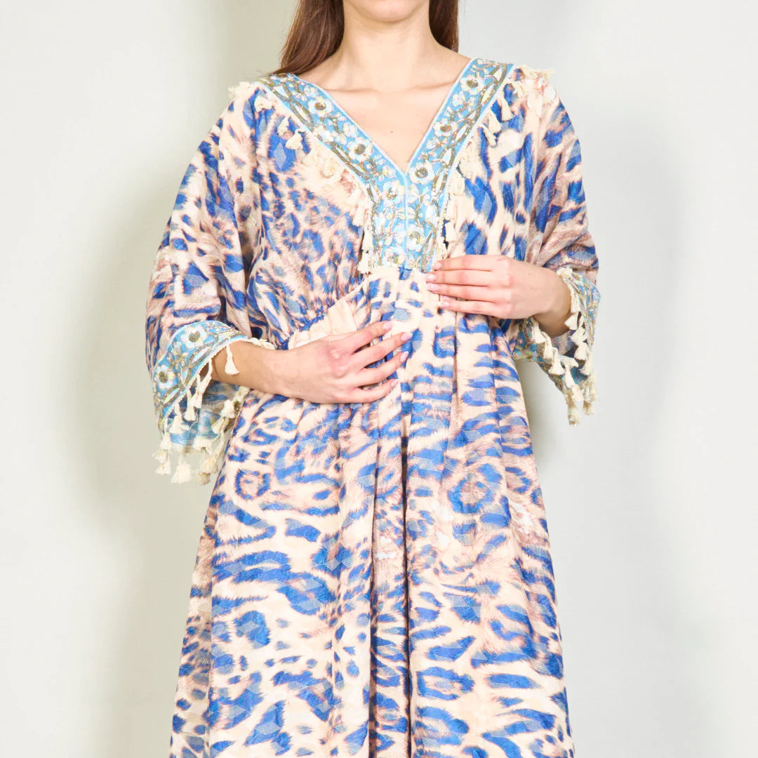 BZNA Sommer Animal Print Boho Maxi Kleid mit Quasten oneSize - B Z N A