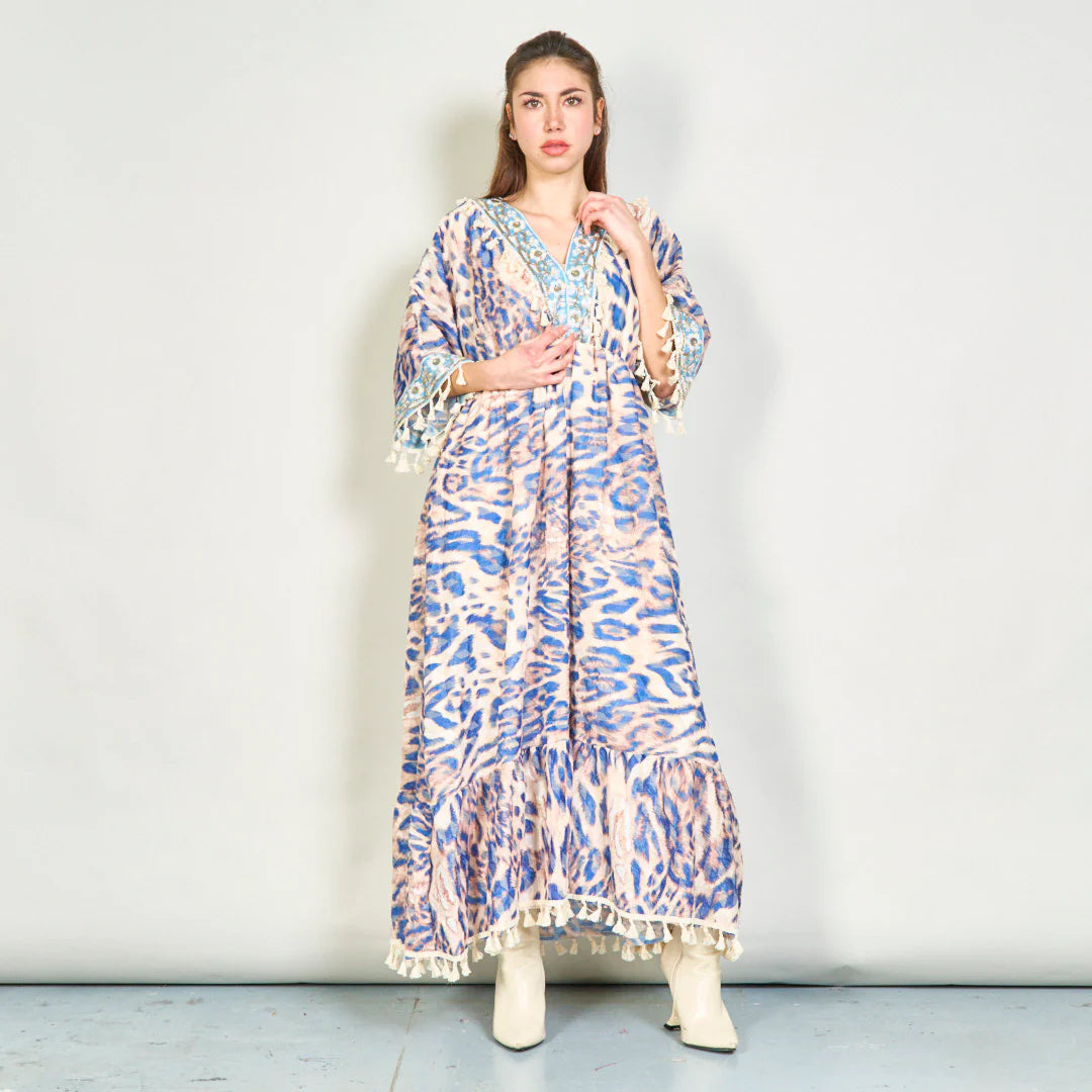 BZNA Sommer Animal Print Boho Maxi Kleid mit Quasten oneSize - B Z N A