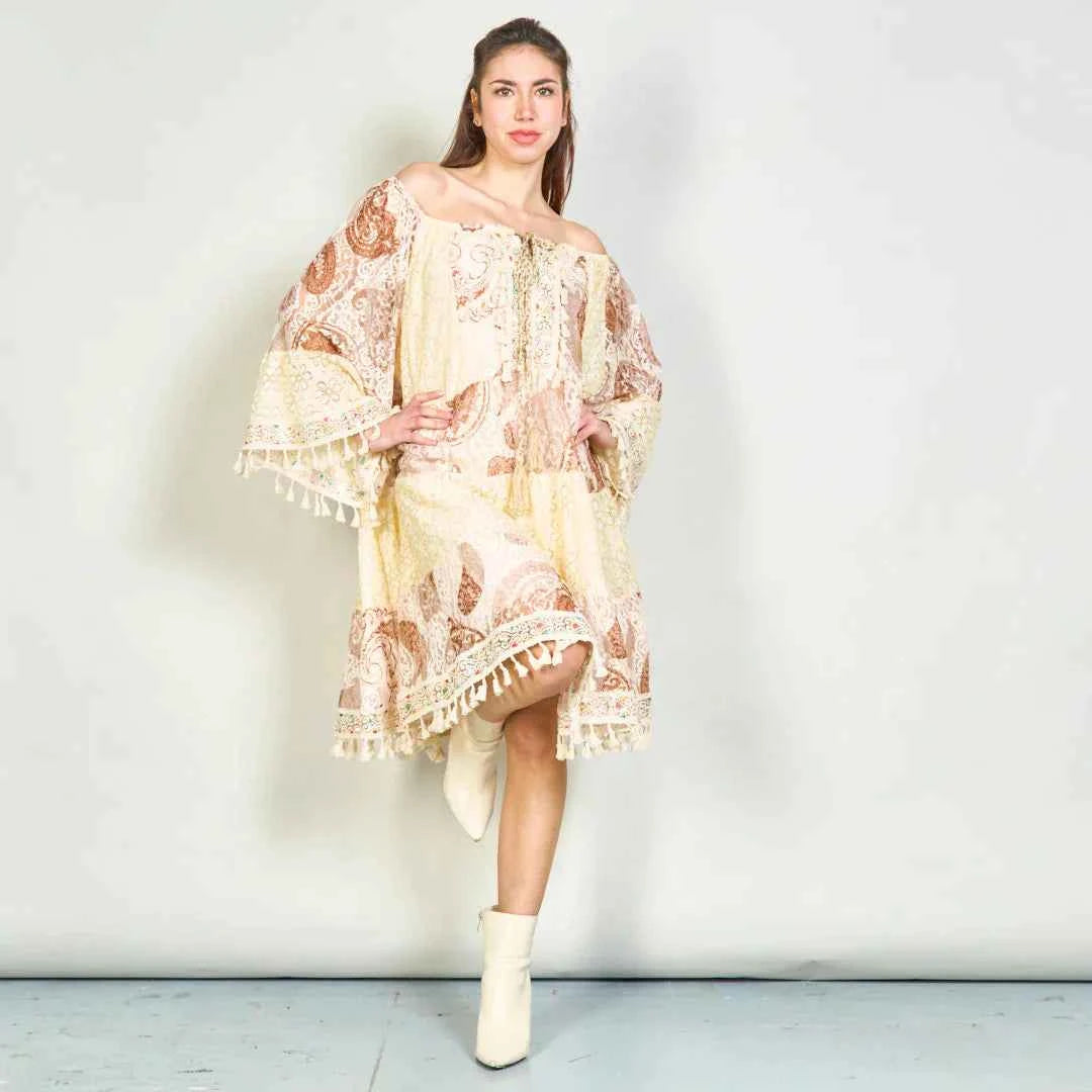 BZNA Sommer Patchwork Spitze Boho Tunika Kleid mit Quasten oneSize