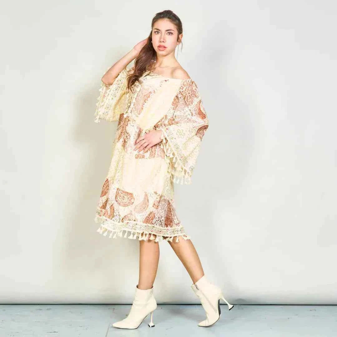 BZNA Sommer Patchwork Spitze Boho Tunika Kleid mit Quasten oneSize