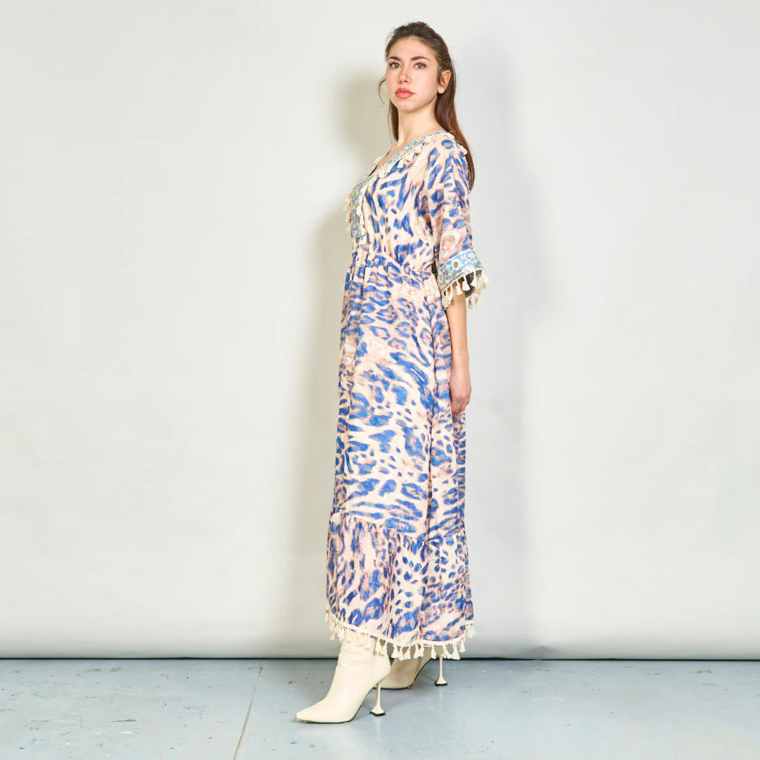 BZNA Sommer Animal Print Boho Maxi Kleid mit Quasten oneSize - B Z N A