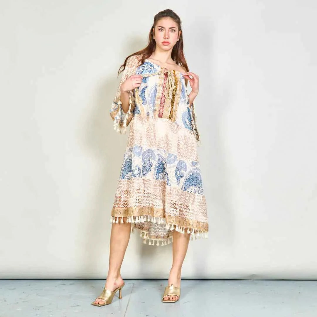 BZNA Sommer Boho Paisley übergroßes Tunika -Kleid mit Quasten  oneSize