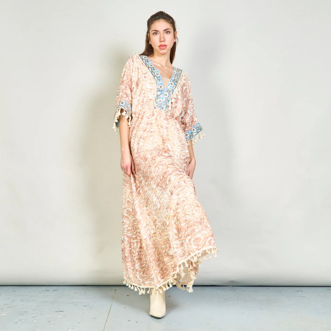 BZNA Sommer Animal Print Boho Maxi Kleid mit Quasten oneSize - B Z N A