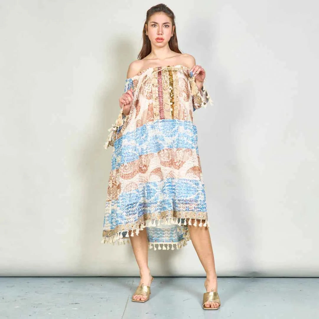 BZNA Sommer Boho Paisley übergroßes Tunika -Kleid mit Quasten  oneSize