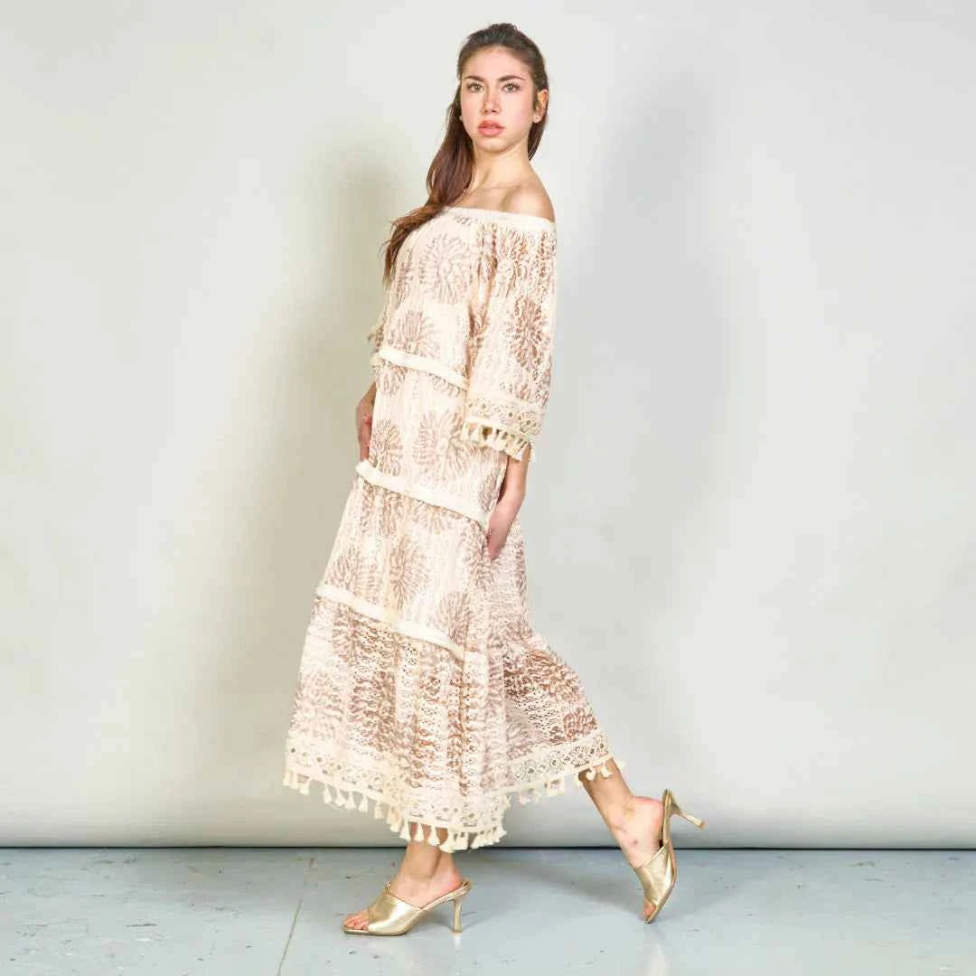 BZNA Sommer BOHO Blumen übergroße gestufte Kleid mit Quasten oneSize