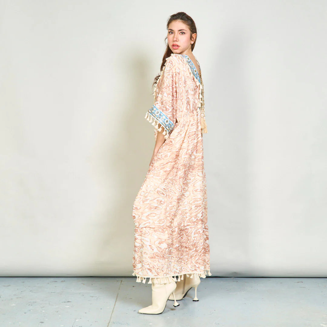 BZNA Sommer Animal Print Boho Maxi Kleid mit Quasten oneSize - B Z N A