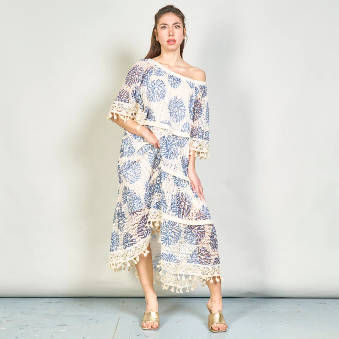 BZNA Sommer BOHO Blumen übergroße gestufte Kleid mit Quasten oneSize - B Z N A